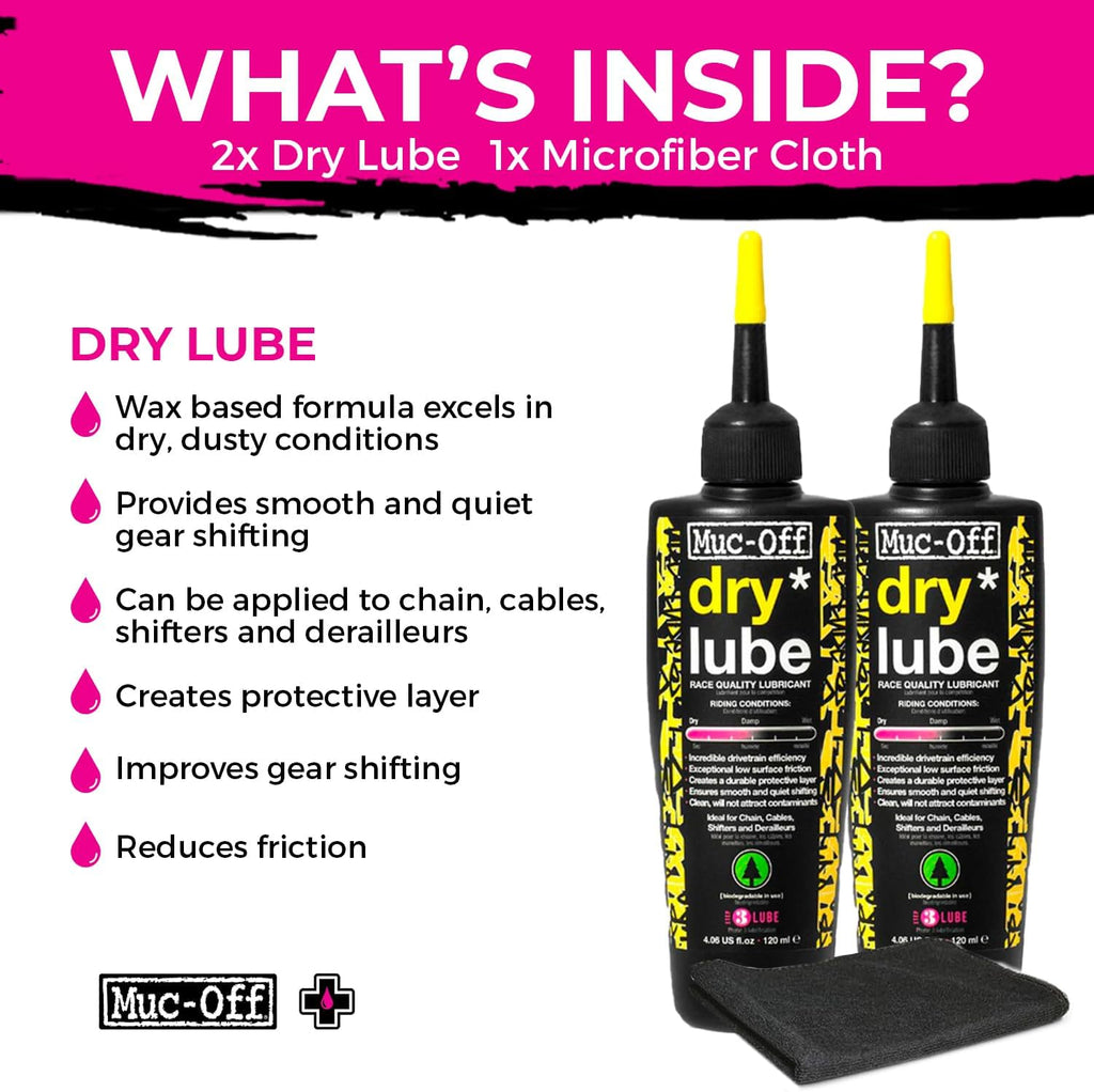 Muc-Off Bio Dry Bike Chain Lube 4 fl oz (Pack of 2) with Microfiber Cloth | Wax-Based Formula for Smooth Gear Shifts | Creates Protective Layer and Reduces Friction