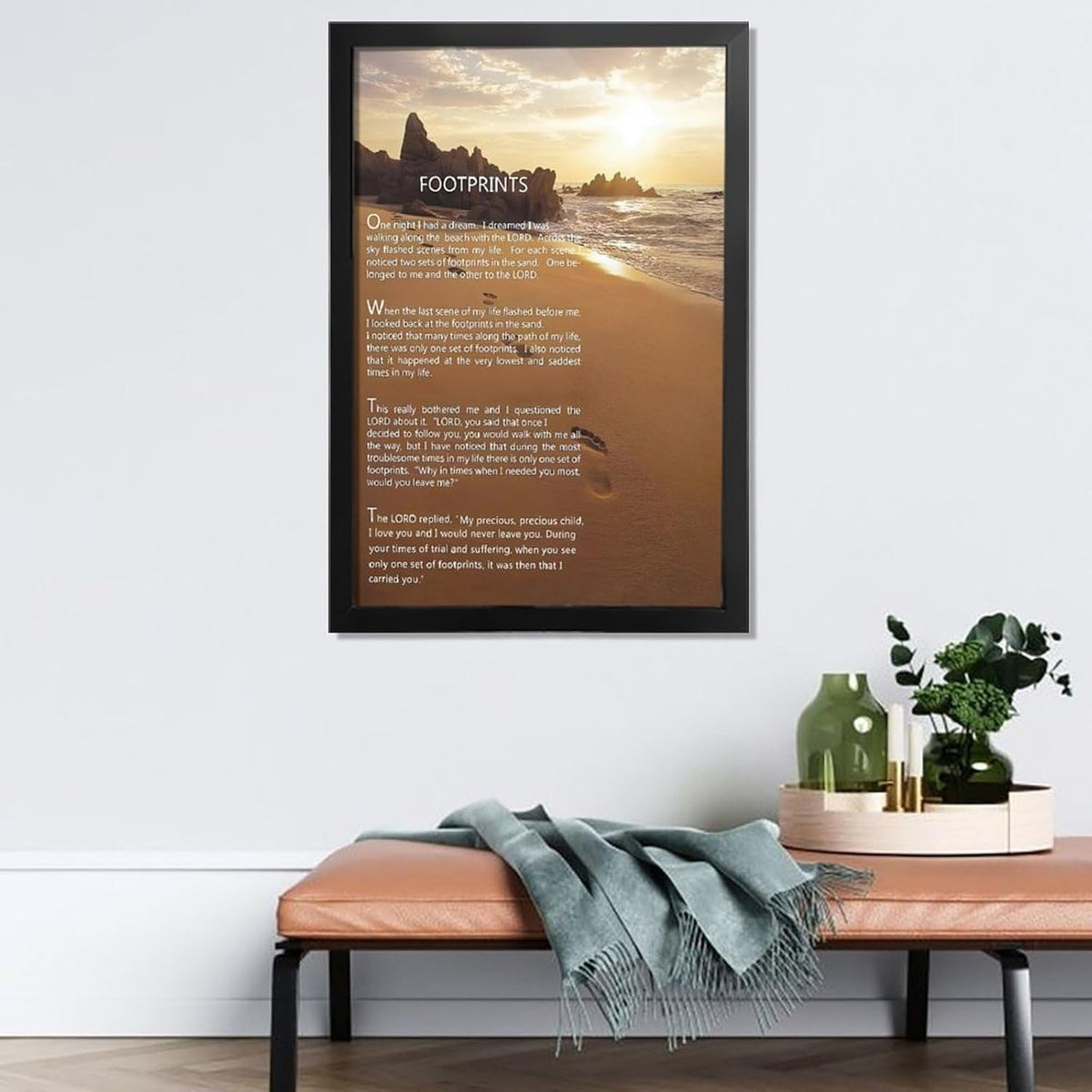 Footprints in the Sand Religious Canvas Wall Art Posters, Inspirational Beach Sunset Poem Print Poster (Black Framed 24x36inch, Footprints(2))