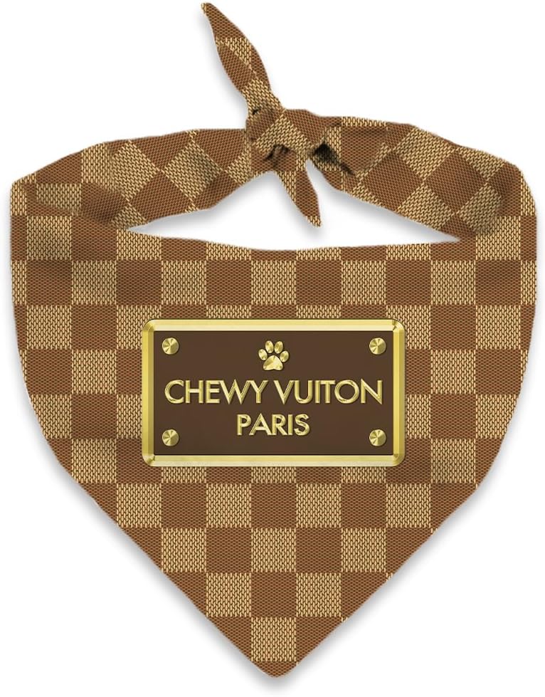 Chewy Vuiton Dog Bandana Designer Fashion Scarf Kerchief for Small Medium and Large Dogs, Funny Parody Gift for Girl or Boy Dog, Soft Durable Fabric, Adjustable Tie-On Style Triangle