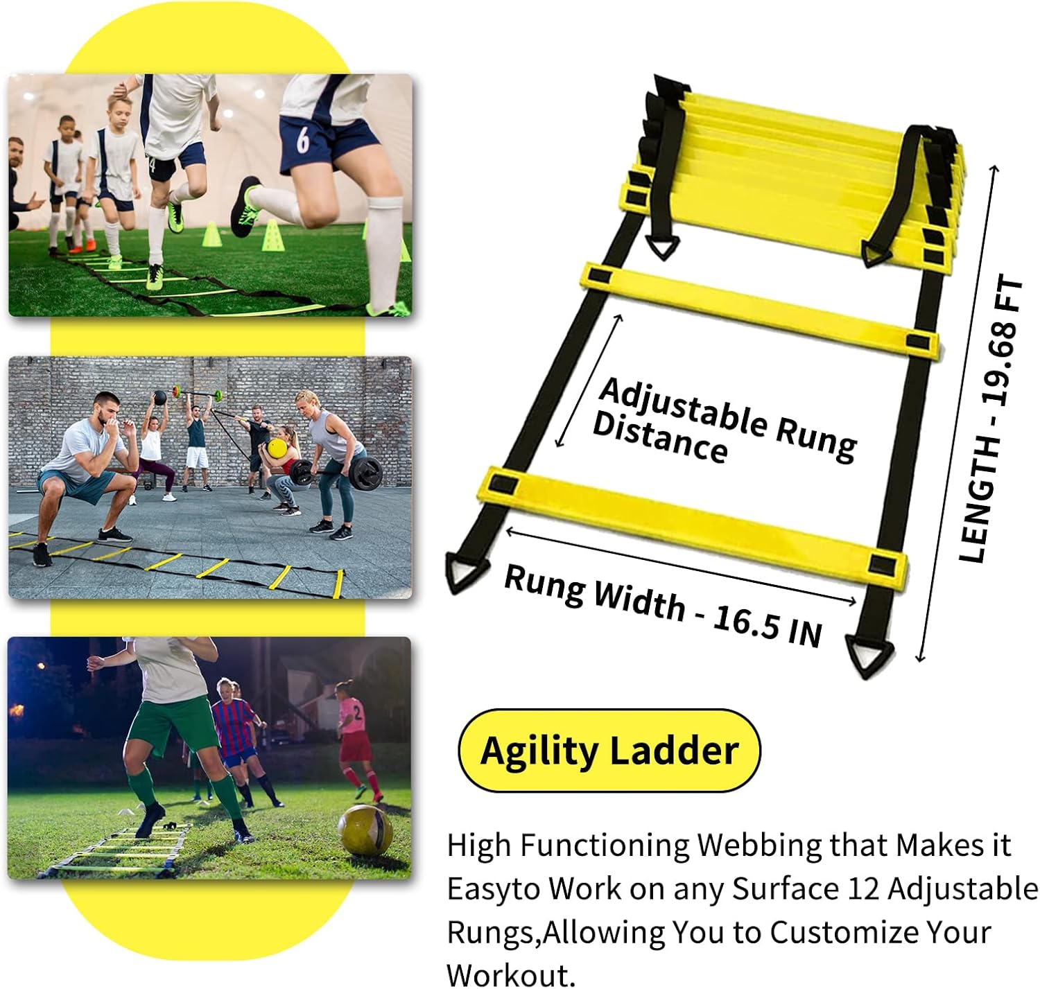 IHEPYQ Soccer Agility Training Equipment Set, 12 Rung 20Ft Agility Ladder, 12 Disc Cones, 4 Steel Stakes, Solo Soccer Trainer, Jump Rope - Speed Training Equipment for Soccer Football Basketball