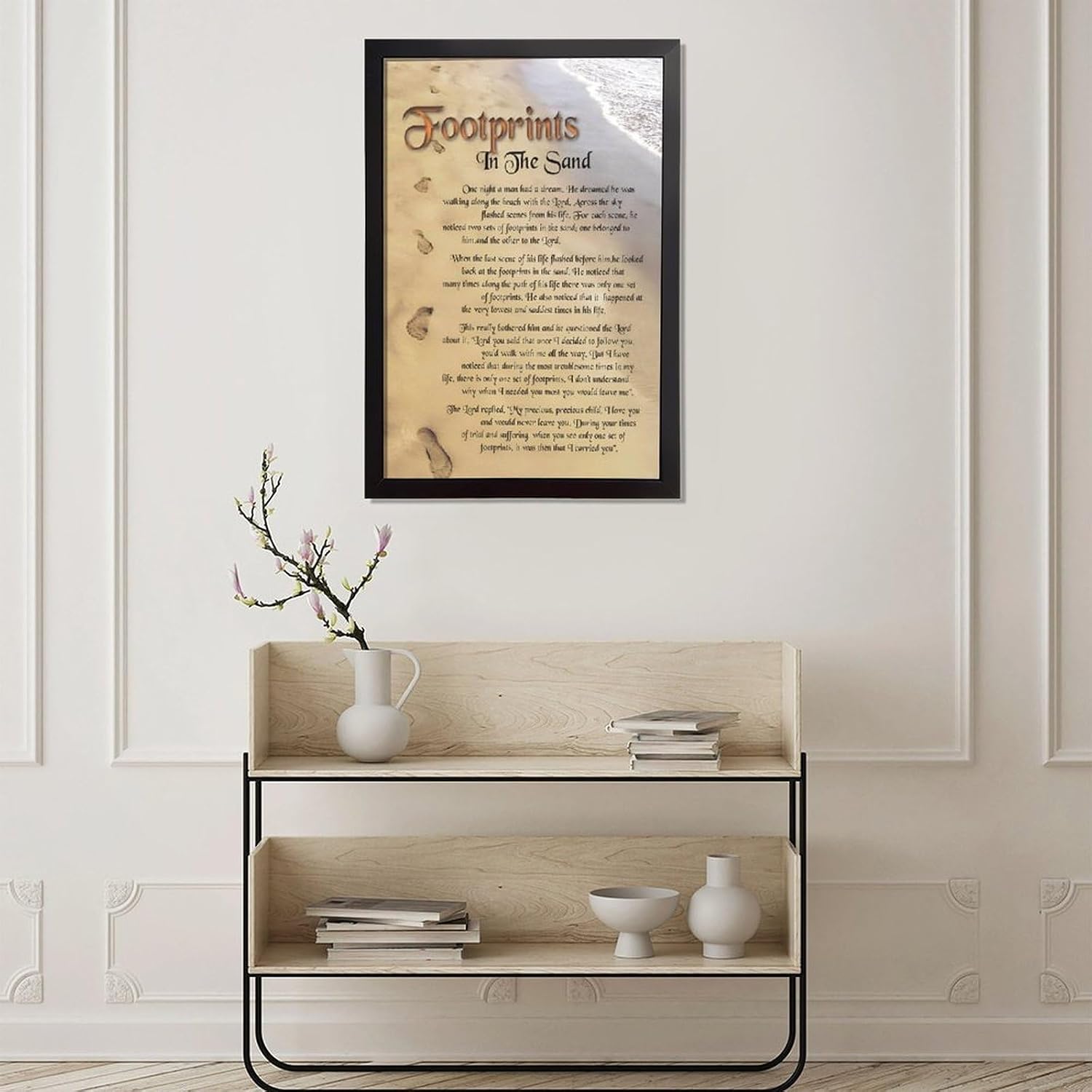 Footprints in the Sand Religious Canvas Wall Art Posters, Inspirational Beach Sunset Poem Print Poster (Black Framed 12x18inch, Footprints(3))