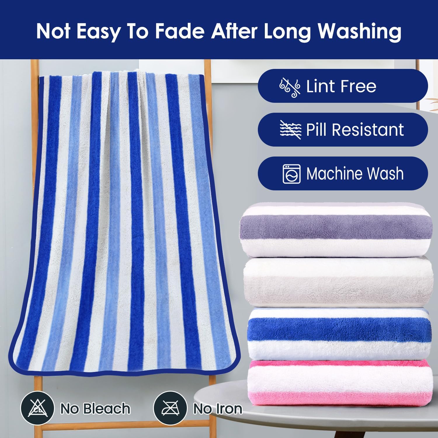 JML Bath Towels Set, 2 Pack, 30" x 60", Cabana Stripe Blue