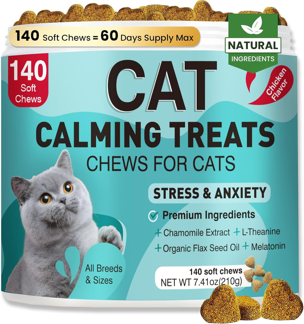 Cat Calming Treats, 140 Soft Chews to Relieve Anxiety, Stress & Prevent Bites, Perfect for Travel & Veterinary Visits, Soothing Calming Care for Indoor Cats Chicken Flavor 7.41 OZ