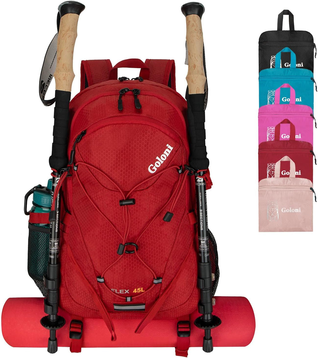 Goloni 45L Hiking Backpack Lightweight Foldable, Waterproof Camping Backpack with Rain Cover & Hiking Pole Mat Carrying System, Ergonomic Water Resistant Daypack for Trekking Travel Men Women Red