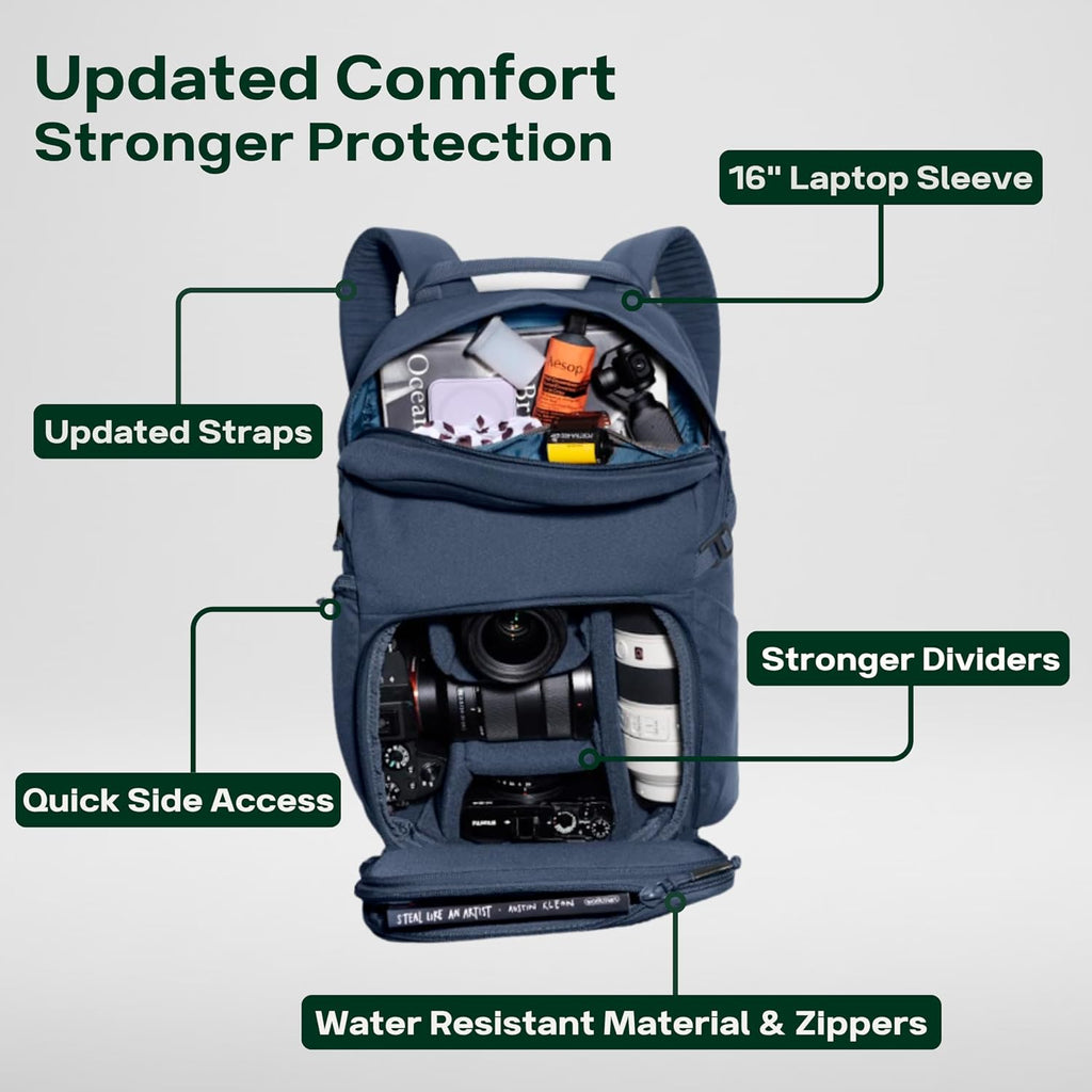 BREVITE Jumper Compact Camera Backpack 2026 Edition: A Minimalist & Travel-friendly Photography Backpack For DSLR Camera & Laptop w/Reinforced Straps & Stiffer Dividers (23L) (Moonlit Blue Color)