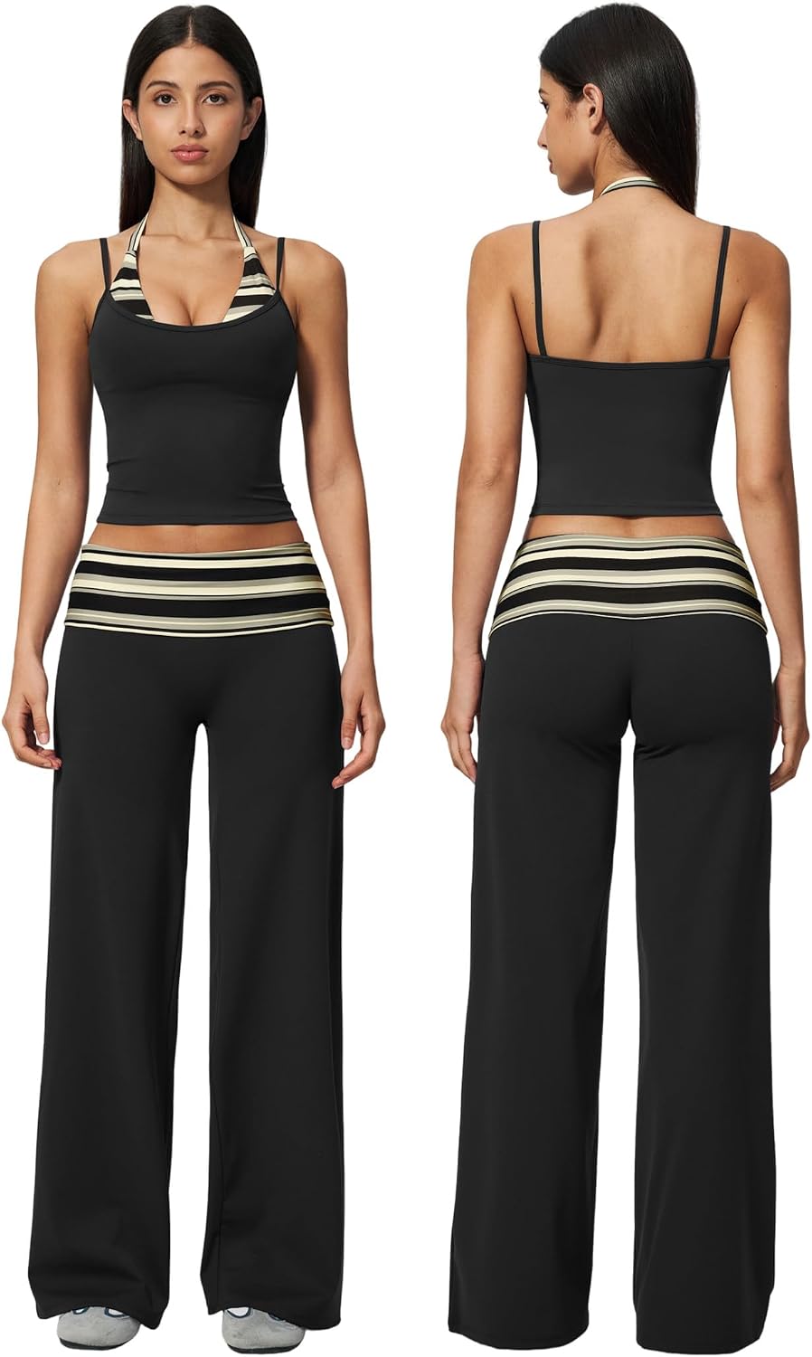 QBGJTD Womens Workout Sets Two Piece Striped Tank Top Wide Leg Yoga Pants Yoga Pilates Outfits