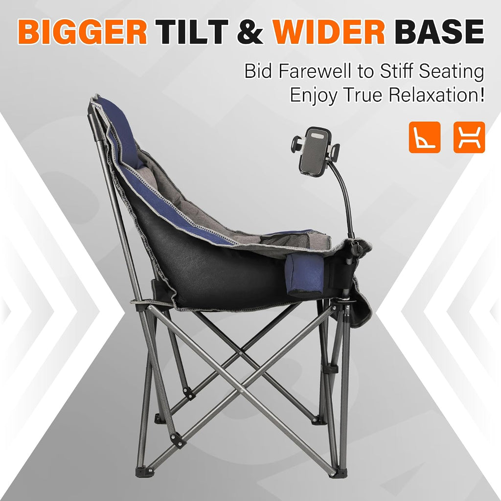 Camping Chairs for Adults-Oversized Extra Large Lawn Chair,Folding Comfy Padded Chair w/Phone Holder,Side Pocket,Cup Holder for Outdoor,Wide&Thick,Heavy Duty 400Lbs,Blue