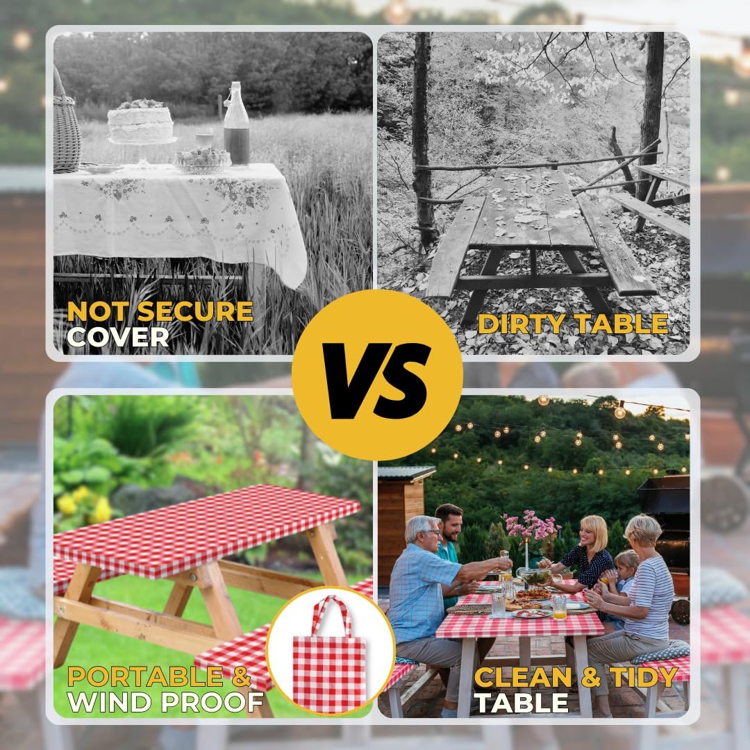 Vinyl Fitted Picnic Table Cover with Bench Covers & Bag 6ft Red Checkered