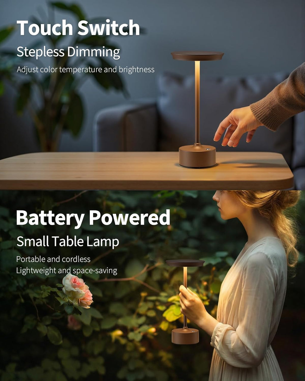 PUSU Rechargeable Table Lamps Set of 2, Brown Cordless Portable Desk Lamp