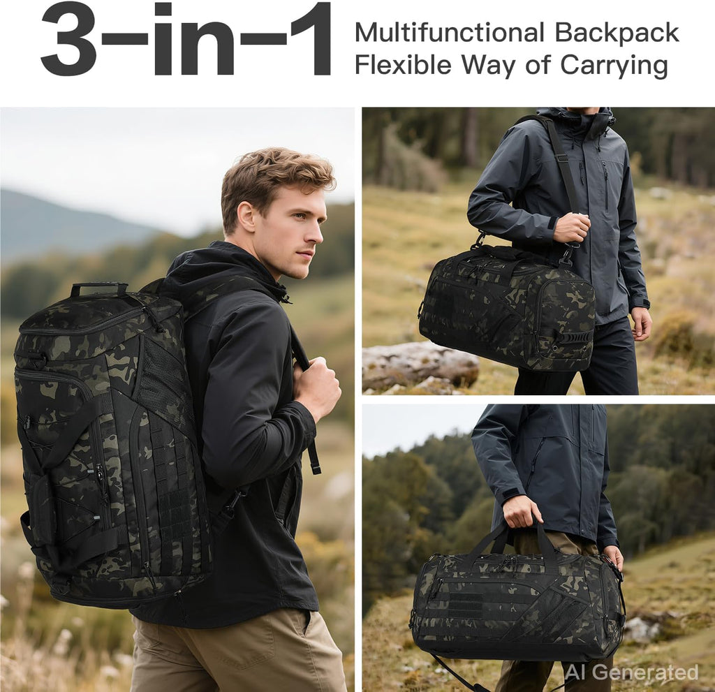 3-in-1 Tactical Gym & Travel Duffle Bag Backpack Men Multi-Functional 45L Military Sports Duffle Bag with Shoe Compartment & Wet Pocket for Workout Weekender Overnight Bag with Molle Webbing, Camo
