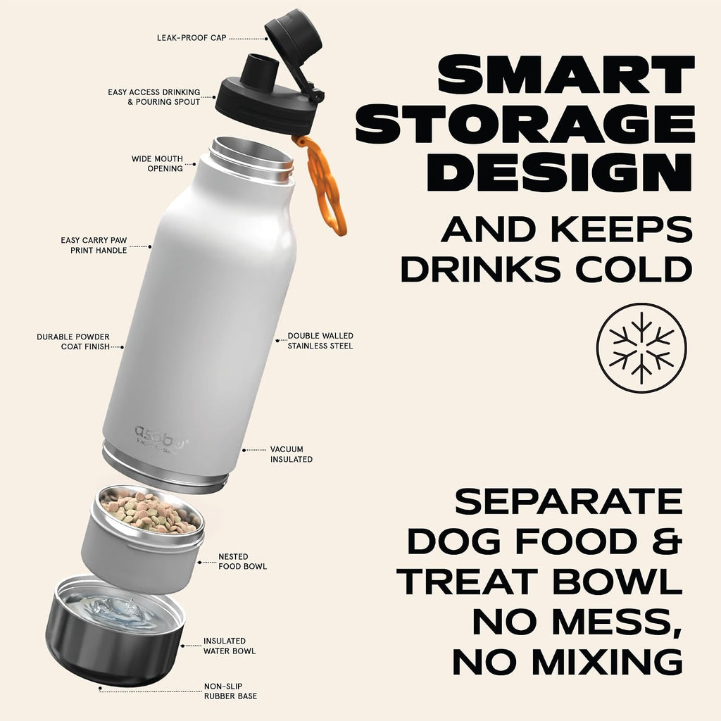 asobu Barky Bottle a Stainless Steel Insulated Water Bottle for with Removable Dog Water Bowl and Dog Food and Treat Storage Bowl (White, 34 oz Water Bottle | 2 Bowls)