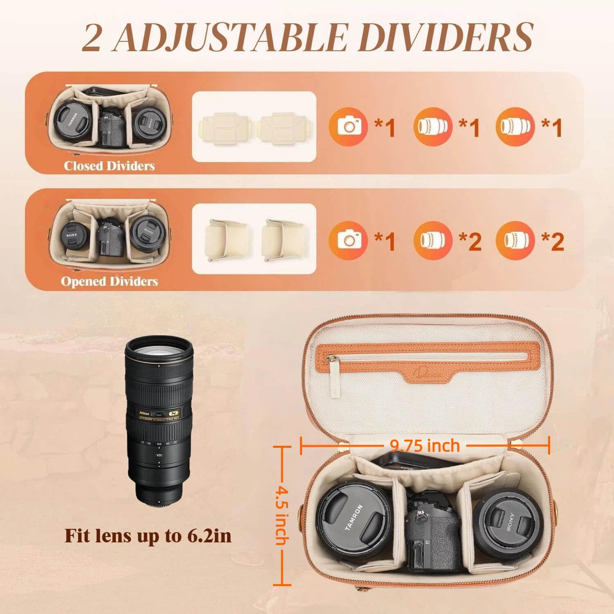 Camera Sling Bag, Waterproof PU Leather Crossbody Camera Case for Photographers, Small Shoulder Bag Compatible for Canon Nikon Sony (Brown)