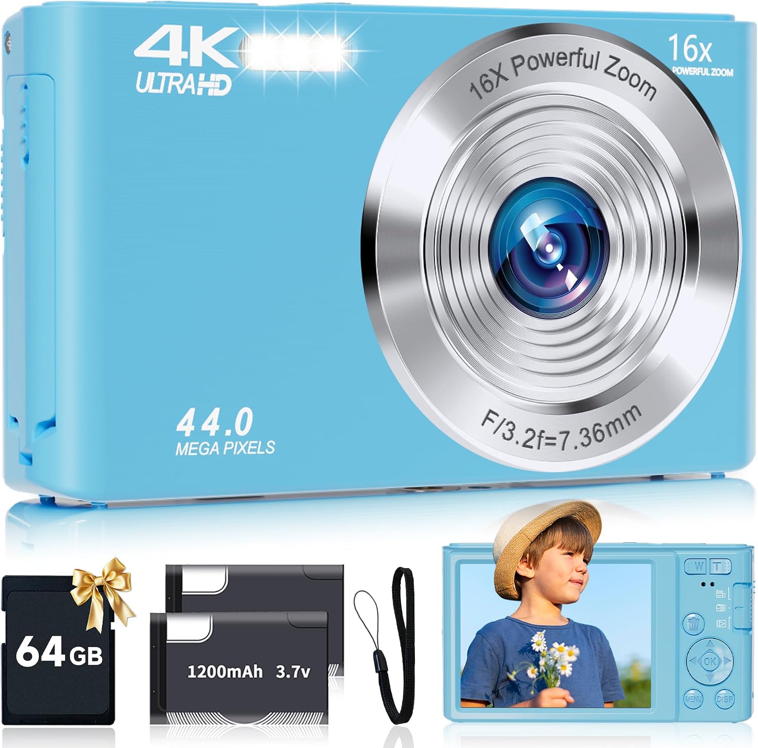 SMARTKLIK Digital Camera for Teens, FHD 4K 44MP with 64GB SD Card, 16X Digital Zoom, Compact Point Shoot Camera Blue