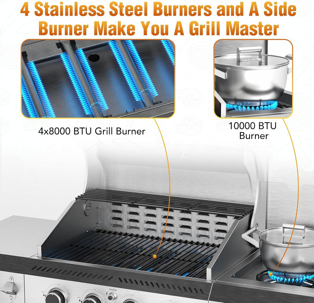 Electactic G41 Pro BBQ Grill,Heavy-Duty Stainless Steel Gas Grill, 4 Burner Gas Grill with Side Burner,42000 BTU Propane Grill for Outdoor Cooking,Barbecue,Garden and Patio Backyard