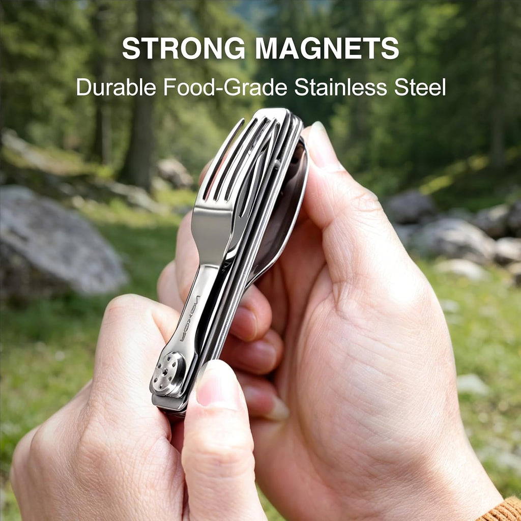 ROXON 3-in-1 Camping Utensils Set with Case (Knife, Spoon, Fork) Silver