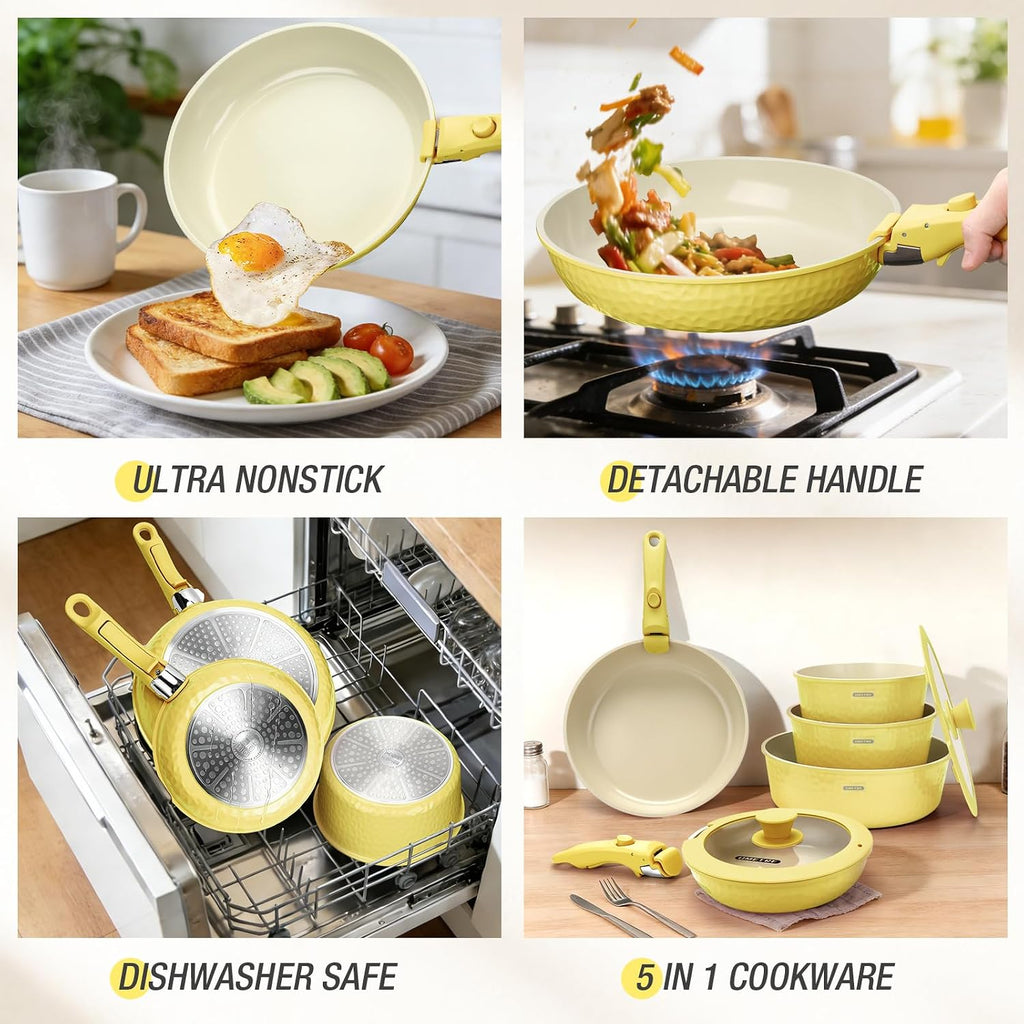 21 Pcs pots and Pans Set, Ceramic Nonstick Cookware Set Detachable Handle, Induction Kitchen Cooking Utensil Set with Removable Handle, Non Stick RV Pans Set, Dishwasher ＆ Oven Safe (yellow)