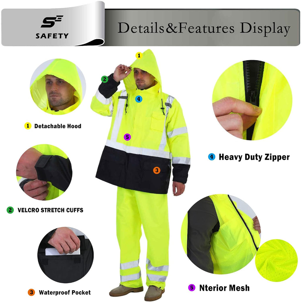 sesafety Hi Vis Rain Jacket, Rain Suits for Men Waterproof withBlack Bottom