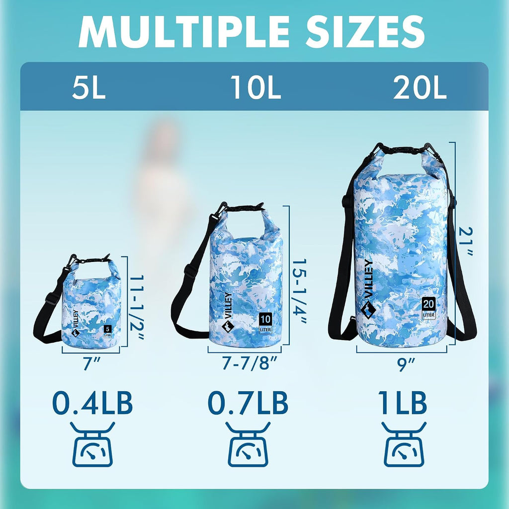 VILLEY Dry Bag Waterproof 20L Roll Top Blue Camo Kayaking Boating Backpack | Keeps Gear Dry, Lightweight Backpack, Kayaking Boating Camping Swimming and Beach Accessories, Blue Camo