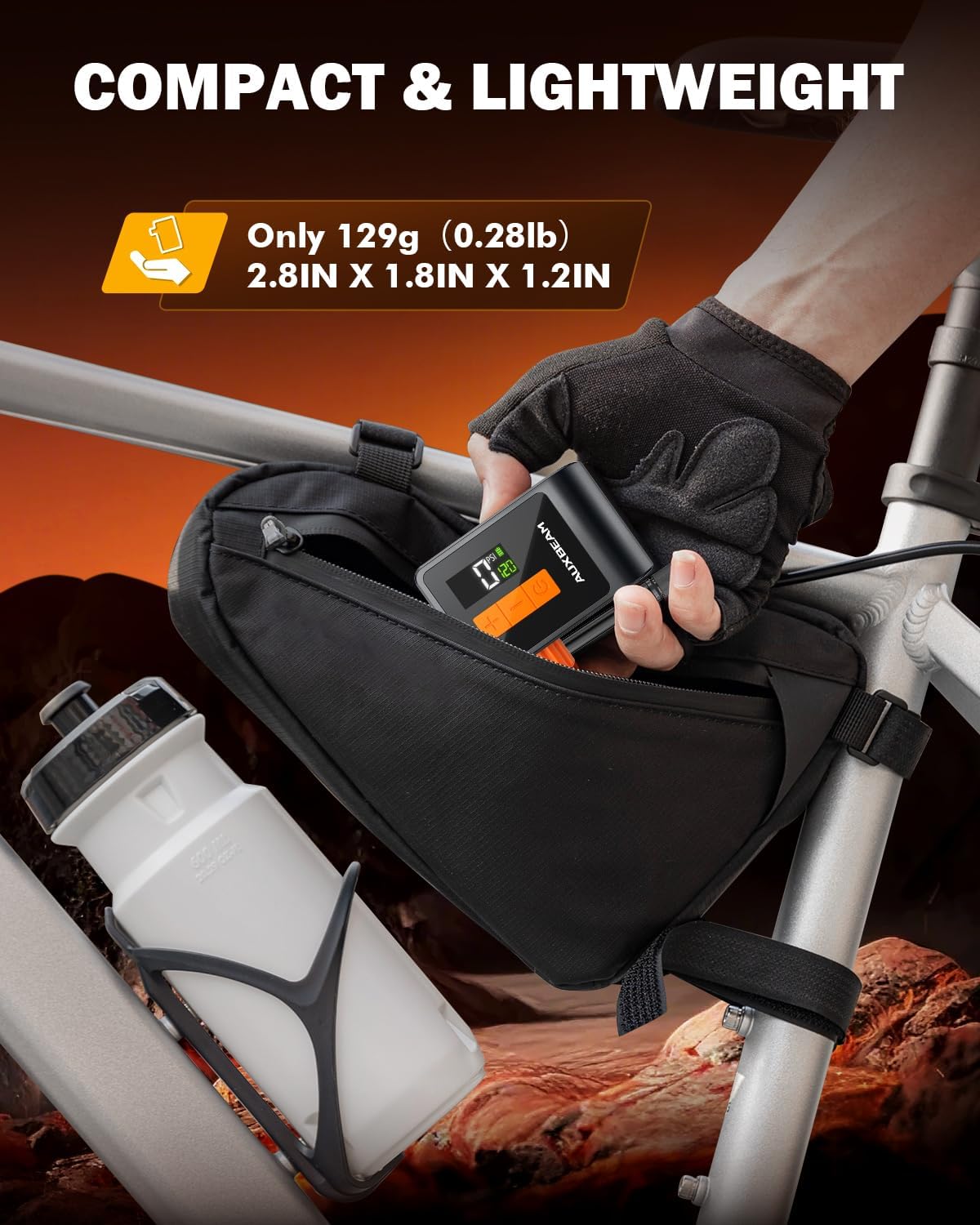 Auxbeam Tiny Bike Pump with Gauge, 120PSI Electric Bicycle Pump with Presta and Schrader Valve, Portable Air Pump for Road Bike, City, Mountain and E-Bike