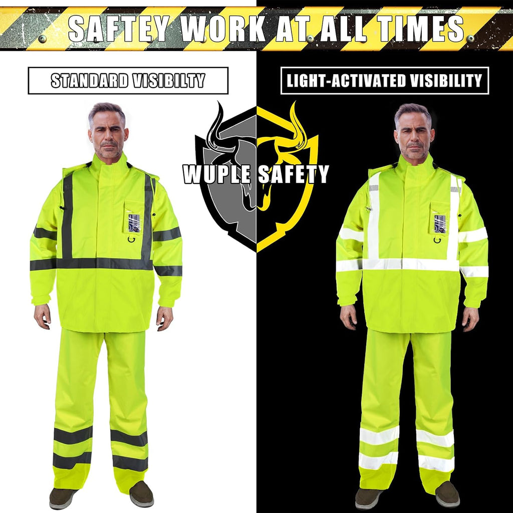 Rain Suits for Men Waterproof，Class 3 Hi Vis Rain Gear with Collapsible Hood， Breathable Safety Rain Jacket with Inner Mesh Lining and pocket，Reflective Waterproof Pants 4XL/5XL