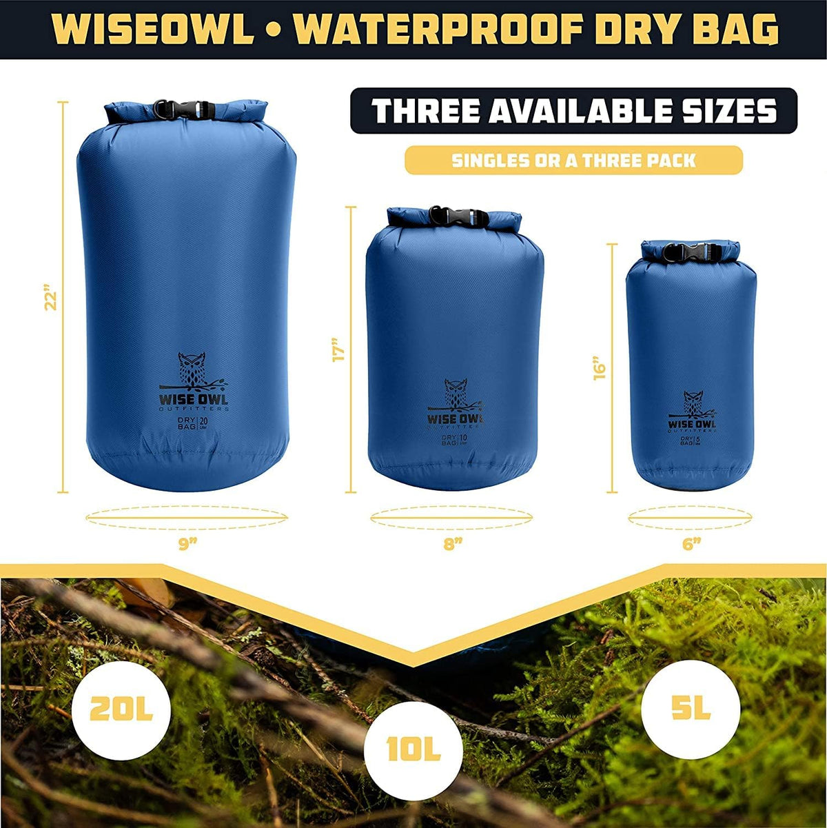 Wise Owl Outfitters Waterproof Dry Bag 3-Pack – Lightweight & Airtight 5L/10L/20L Small & Large Dry Bags for Kayaking, Beach, Travel, Boating, Hiking