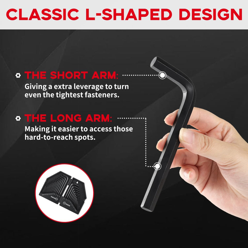 Reniteco 30 PCS Hex Head Key Allen Wrench Tool Set Organizer Kit Alloy Steel L Shape Black Metric (0.7-10 mm) SAE (0.028"-3/8") Standard In Storage Case Long Short Arm