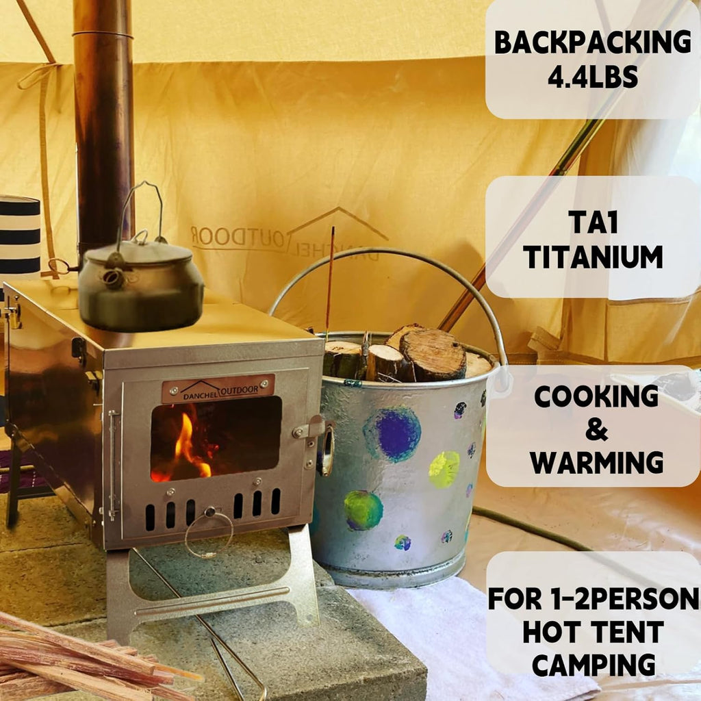 DANCHEL OUTDOOR T6 Ultralight Titanium Wood Stove with 7.2ft Chimney Pipe