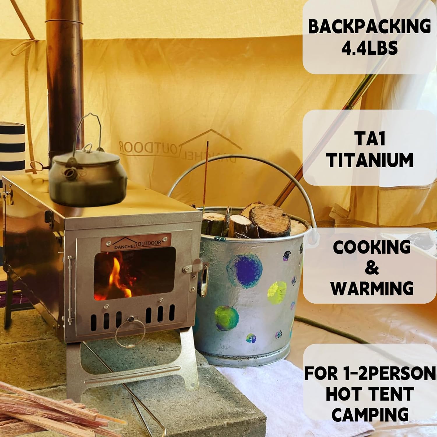 DANCHEL OUTDOOR T6 Ultralight Titanium Wood Stove with 7.2ft Chimney Pipe
