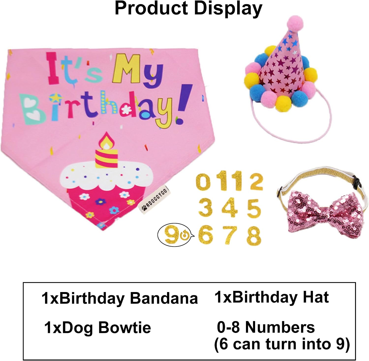 ADOGGYGO Dog Birthday Hat, It's My Birthday Girl Bandana, Pink, Large