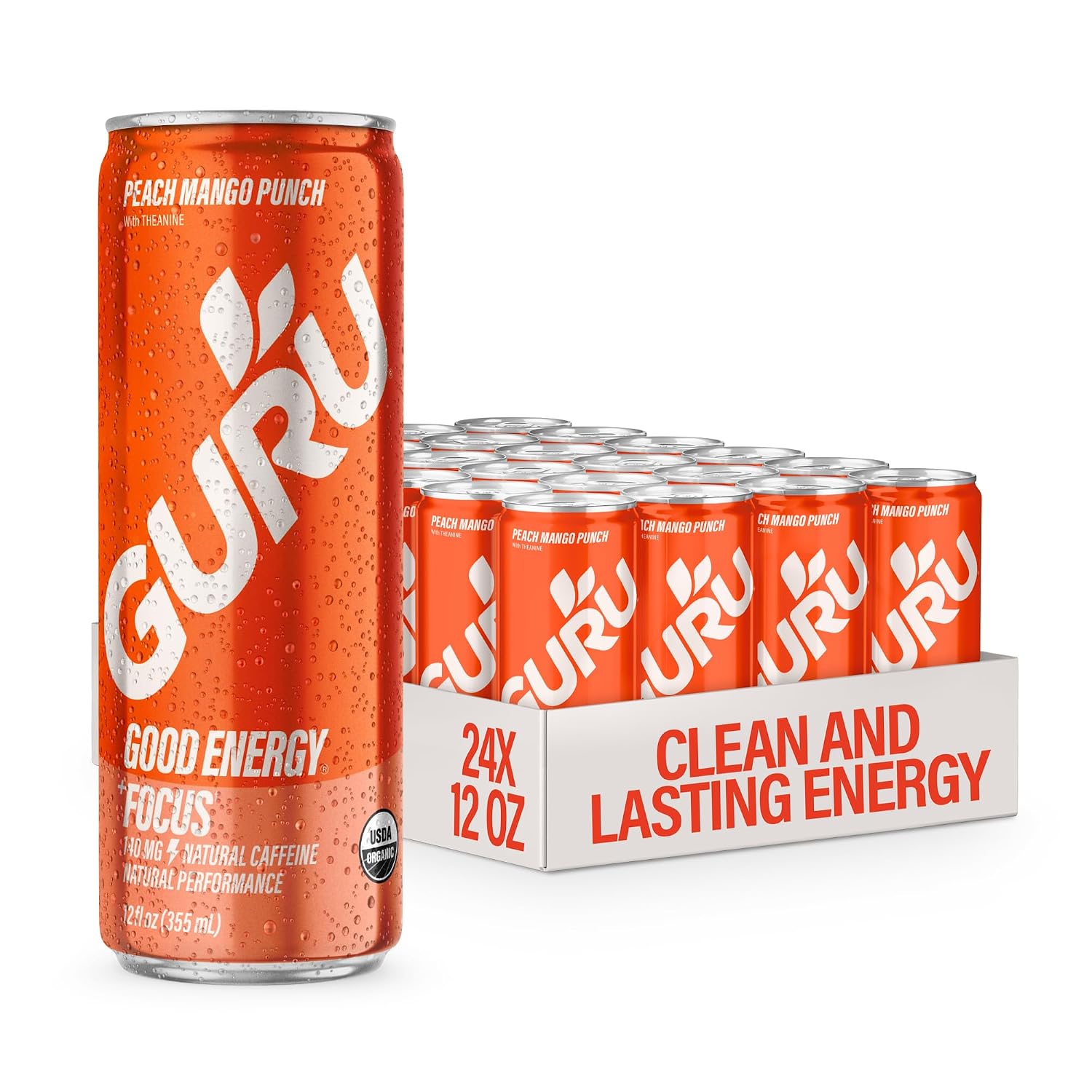 GURU Organic Energy Drink, Peach Mango Punch, 12 Fl Oz, 24 Pack