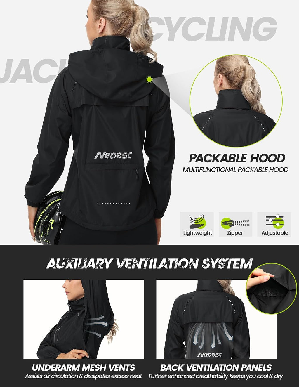 Nepest Womens Cycling Rain Jackets Biking Windbreaker with Hood UPF 50+