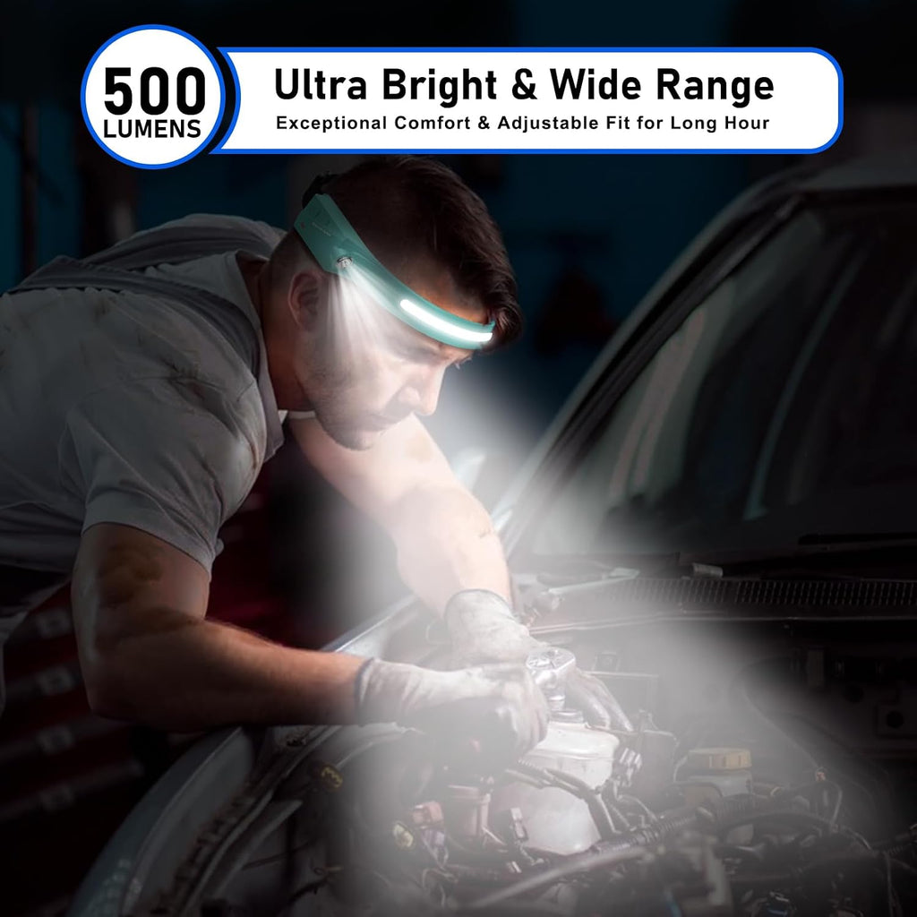 Headlamp Rechargeable LED (2-Pack, Green) 230° Wide Beam, USB-C Lightweight Head Lamp, Long Runtime, Water-Resistant for Camping, Hiking, Running, Fishing, Repair Work