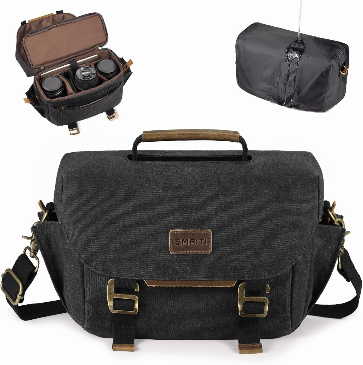 SMRITI Canvas Camera Bag Small- DSLR/SLR Waterproof Camera Bag for Canon/Sony/Nikon/Fuji, Cute Camera Sling Bag with Rain Cover, Travel Crossbody Camera Case Bag for Women Men Photographer (White)