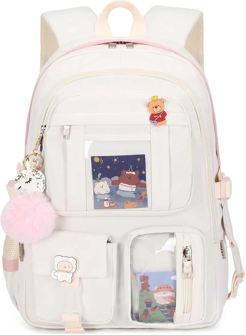 Backpack for Girls with Accessories Laptop Bookbags 16 Inch Kawaii Kids Elementary Middle High School Bag College Travel Daypack Gifts for Teens Women Students (Beige Khaki)