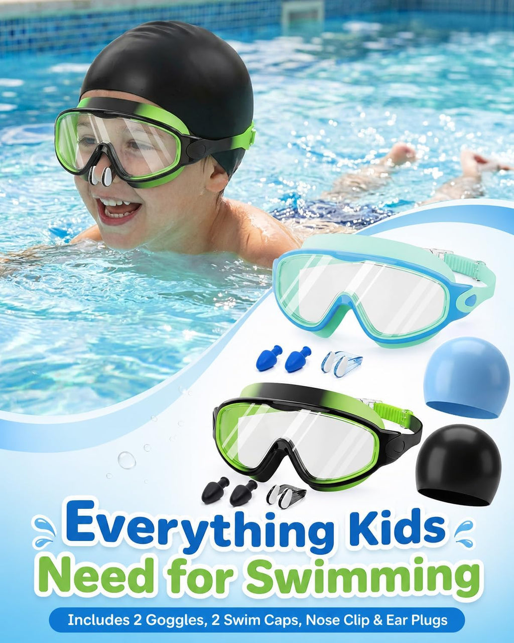 Kids Swim Goggles 2 Pack, Anti Fog No Leak UV Protection Ages 4-15