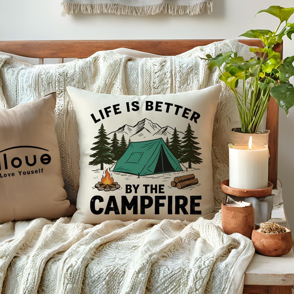 ULOVE LOVE YOURSELF Camping Throw Pillow Covers 4Pack Outdoor Campfire Adventure Decorative Pillowcases Rustic Camper Cushion Covers 18 X 18 Inch for Camper, Cabin Home Decor(Yellow/Green)