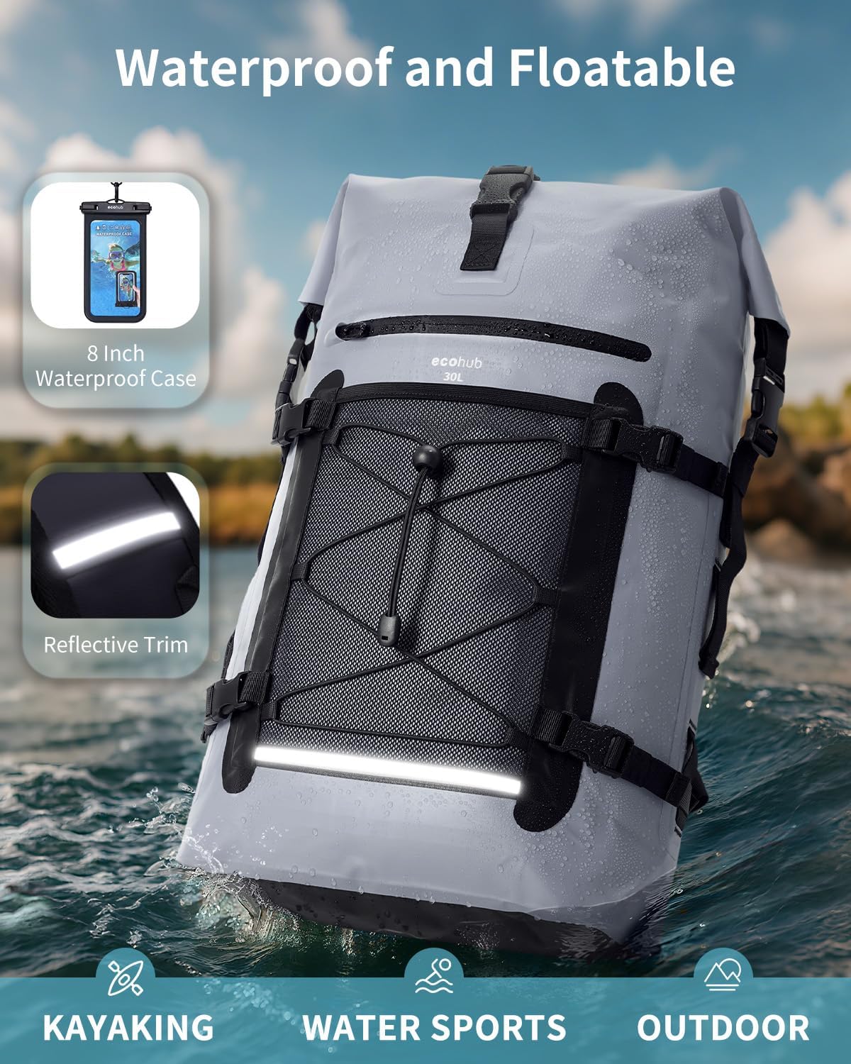 ECOHUB Waterproof Backpack, 30L Roll-Top Closure Heavy Duty Dry Bag