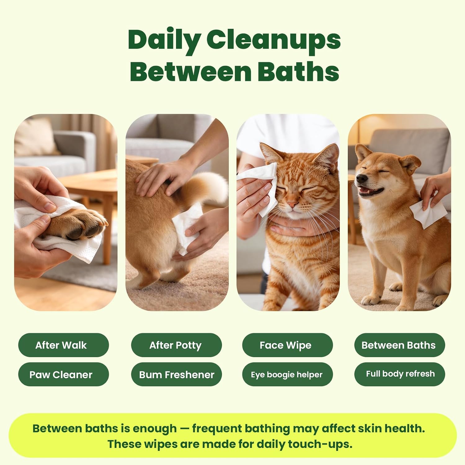 Unscented Dog Wipes & Cat Wipes (4x50 Packs) | Hypoallergenic, pH Balanced for Paws, Body, Eyes & Ears Grooming |All-Natural Plant Fiber Wipes with Aloe & Vitamin E | Pearl Texture