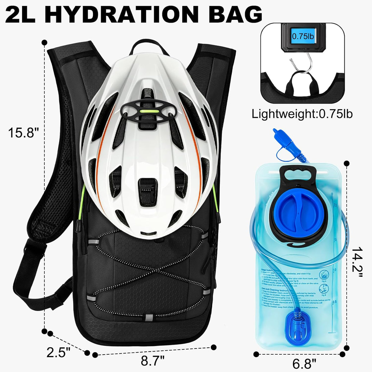 Lightweight Hydration Backpack with 2L Leak Proof Water Bladder