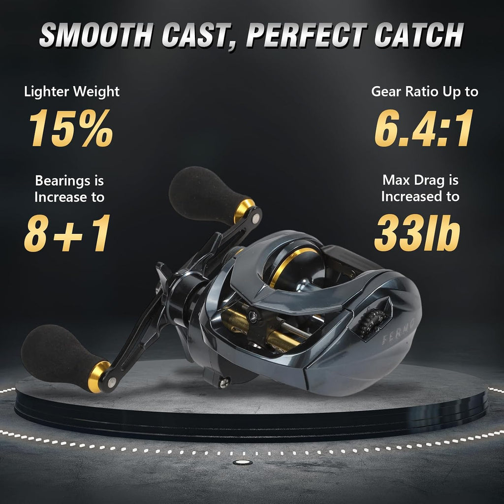 Baitcaster Reels 6.4:1 High-Speed Gear Ratio 33LB Max Drag 8+1 Bearings