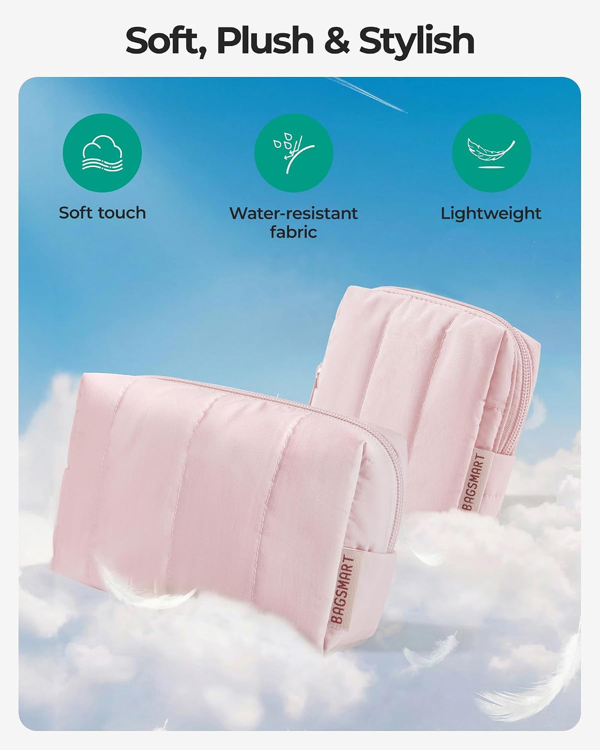 BAGSMART Puffy Travel Makeup Bag Duo Large & Small for Women, Greige
