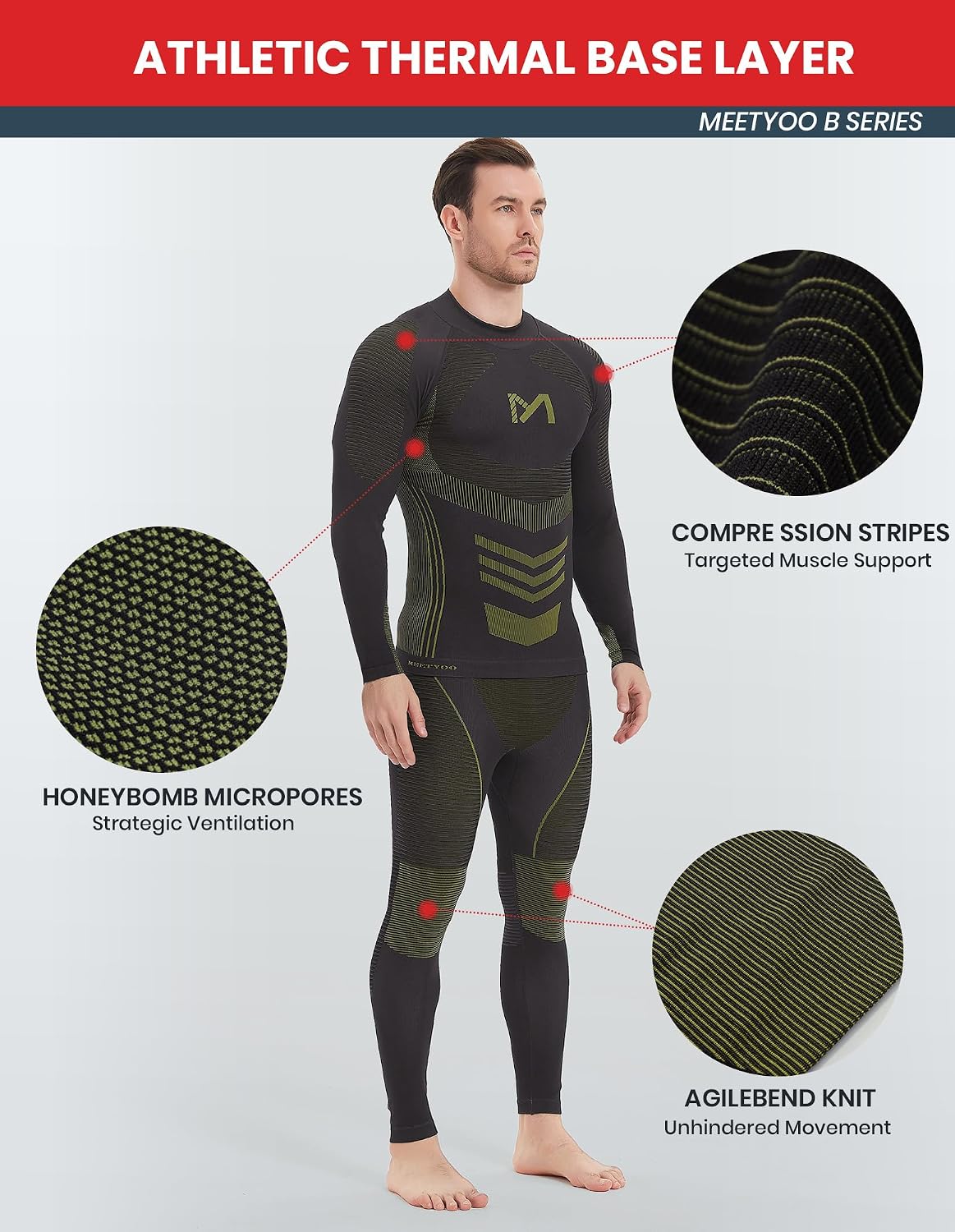 MEETYOO Thermal Underwear for Men, Winter Gear Long Johns Base Layer Top and Bottom Set for Skiing Running