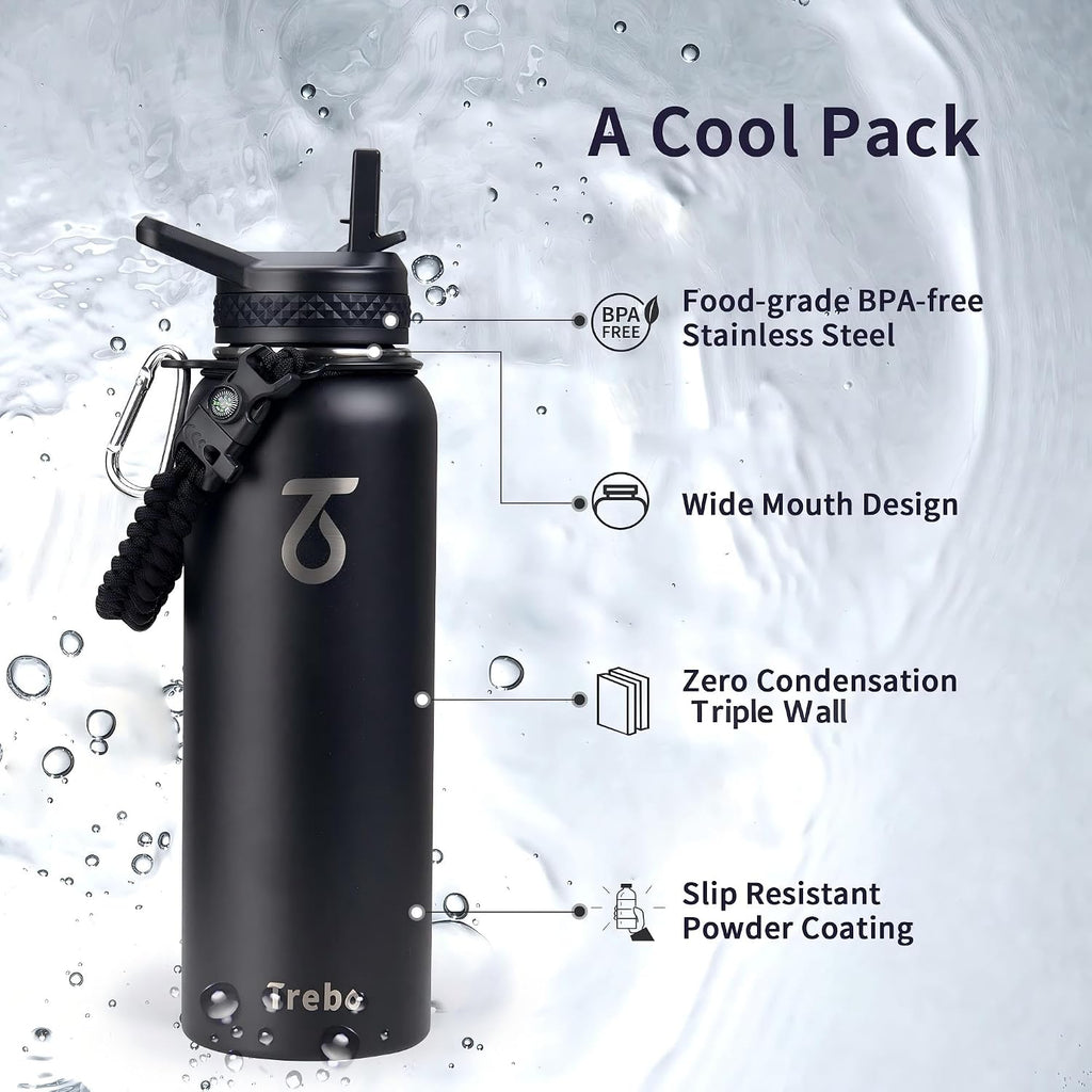 Trebo Water Bottle Insulated 40 oz with 3 Lids, Paracord Handle & Sleeve