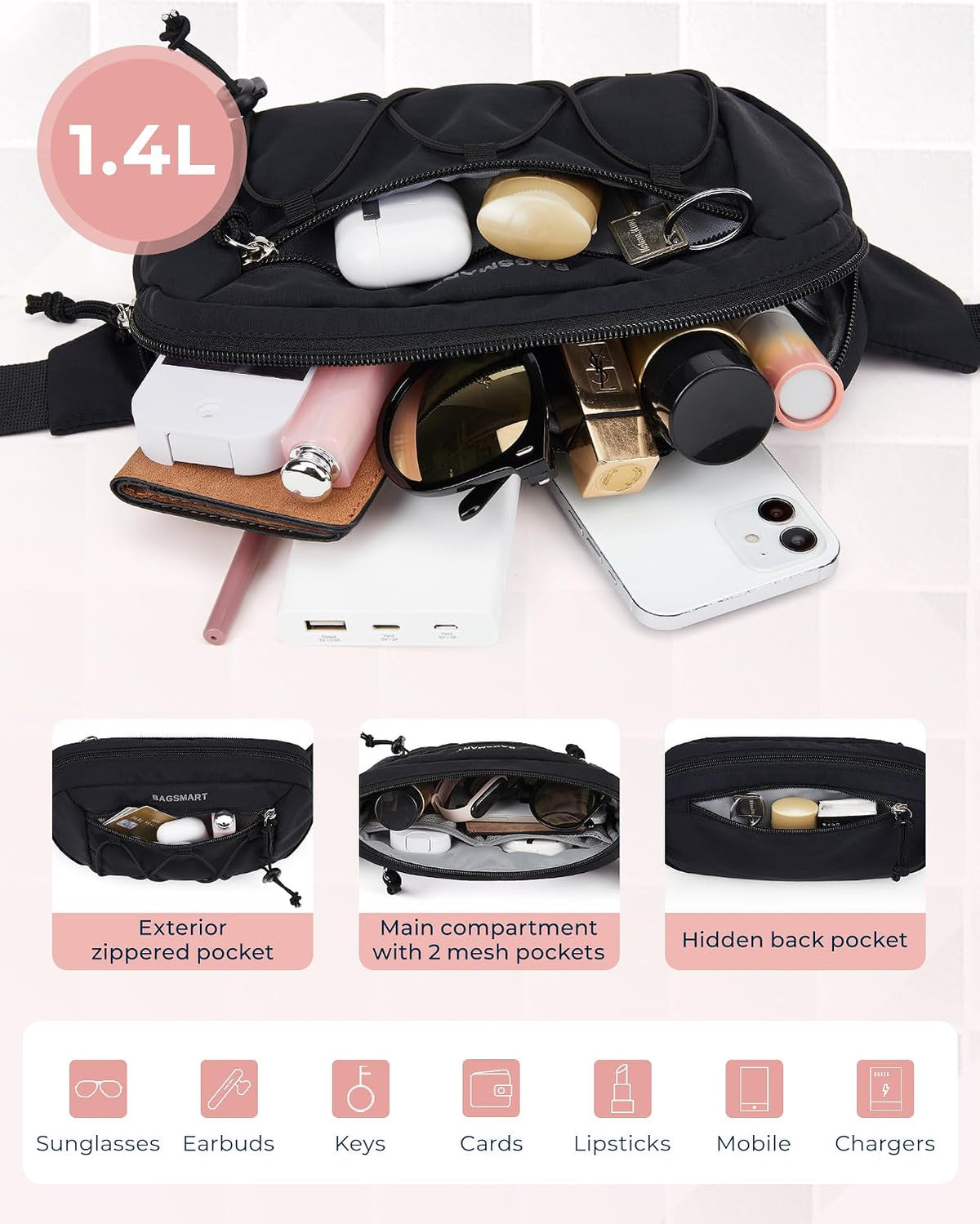 BAGSMART Fanny Packs for Women, Running Traveling Hiking, Light Pink