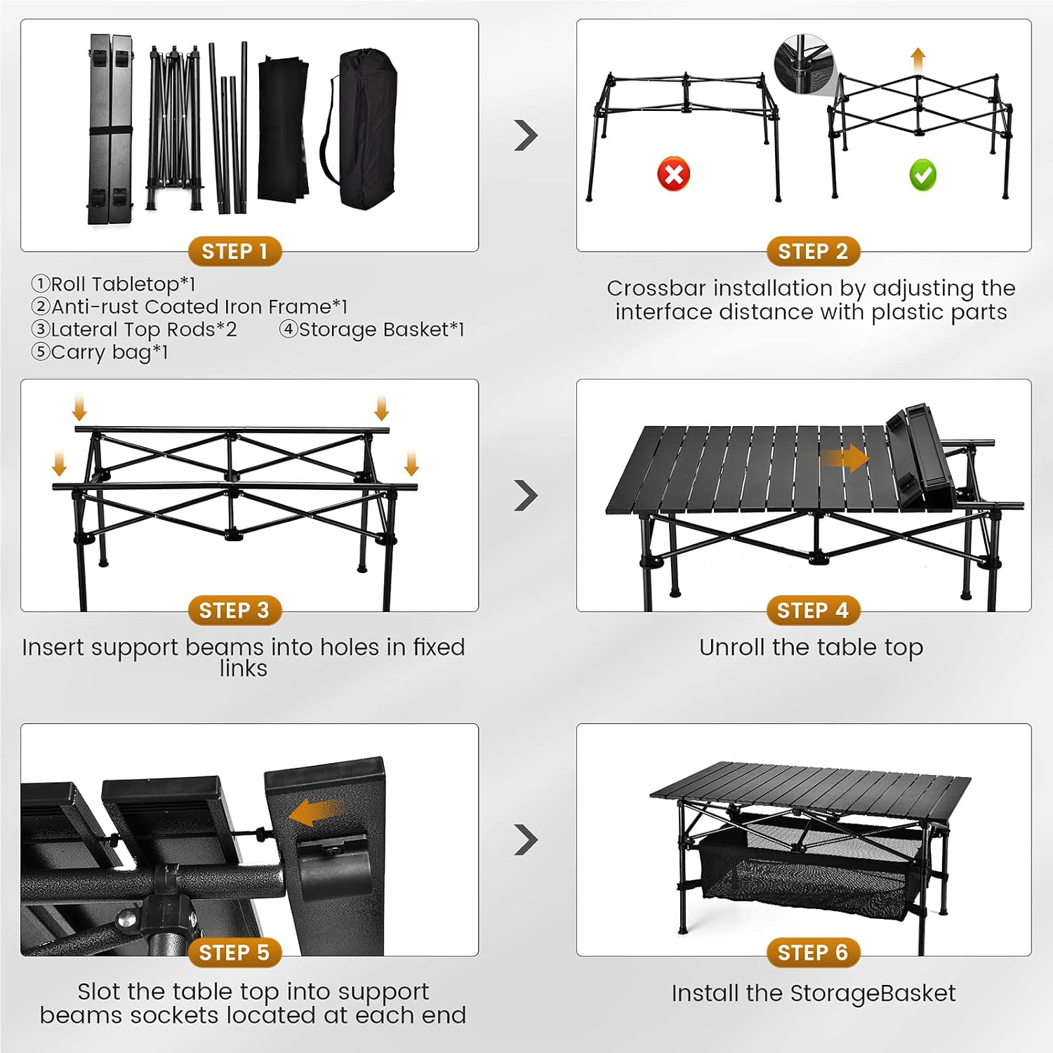 WUROMISE Lightweight Aluminum Folding Camping Table (37.13” x 21.57” x 19.69”), Portable Roll-Up Design for Outdoor, Camping, Beach, BBQ, Patio, and Picnic, Durable & Waterproof with Carrying Bag