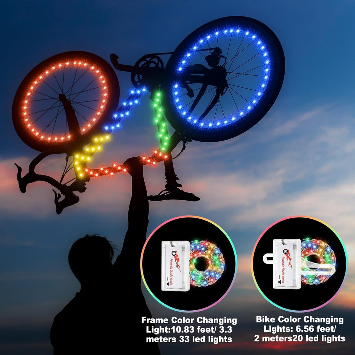 Woanger 3 Pcs LED Bike Lights for Night Riding Bicycle Frame and Wheel Lights Battery Powered Bike Accessories Gifts for Adults Riding at Night