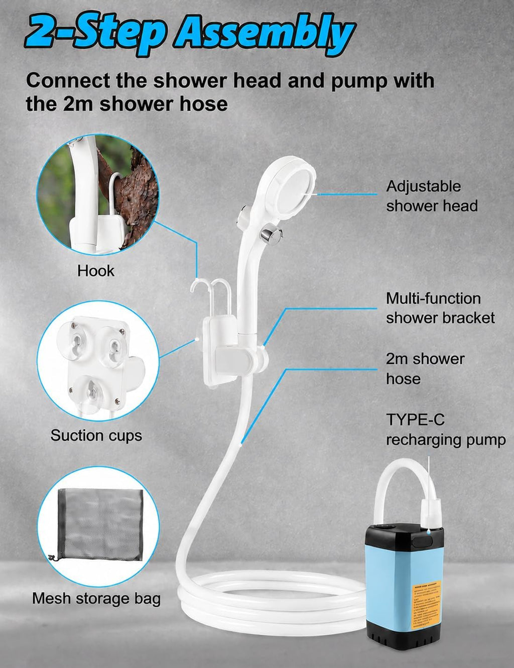 innhom Portable Shower for Camping, 6000mAh Rechargeable Camp Shower Pump with LED Display, IPX7 Waterproof & 2 Spray Modes Electric Outdoor Shower for Hiking, Travel, Car Washing, Pet Bathing