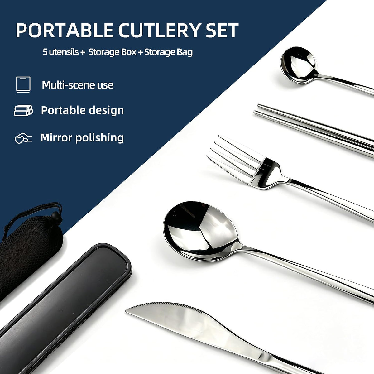 5-Piece Reusable Travel Utensils Set Stainless Steel with Case