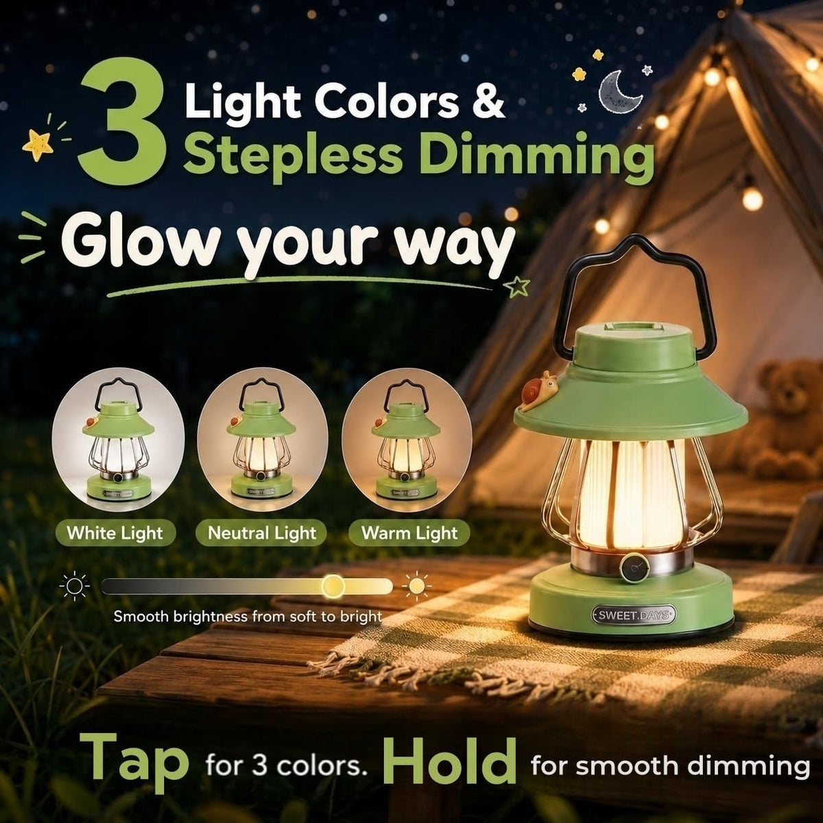 Kids Lantern with 3 Color Dimmable & USB-C Charging,Boys Night Light for Bedroom, Indoor Outdoor Adventures & Emergency Use Toddler Flashlight Camping Essentials for Kids (Green)