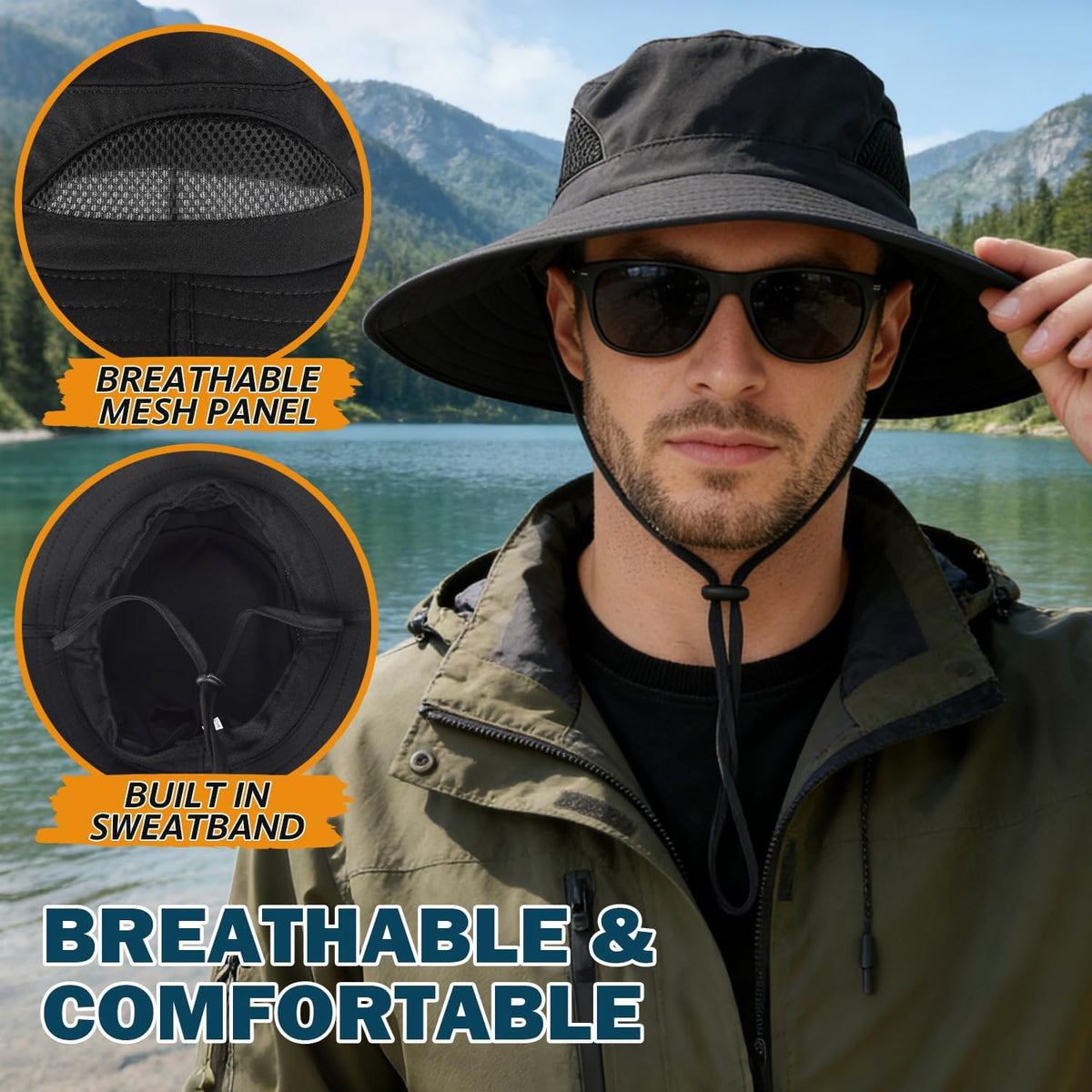 Wide Brim Sun Bucket Hat, Waterproof Boonie Hat for Men & Women